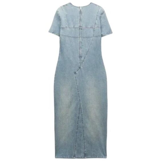 Zara Womens Denim Midi Jean Dress Size S Blue Short Sleeve Slit 7227/082 NWOT - Picture 3 of 9